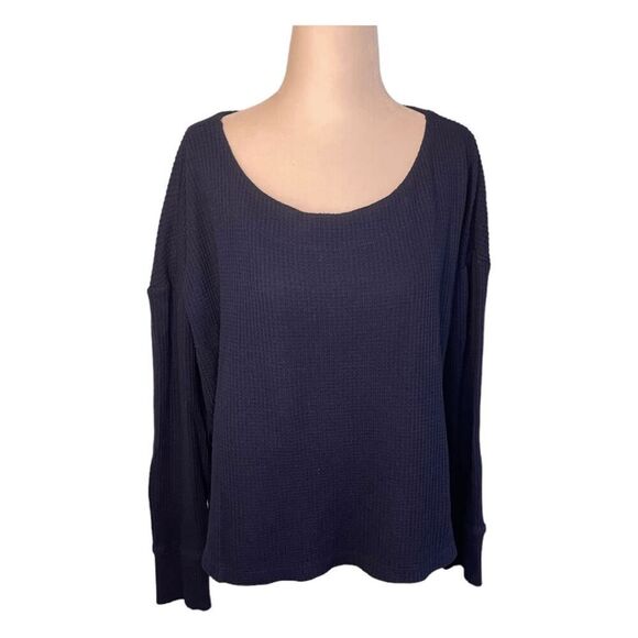 Saturday Sunday Anthropologie Thermal Top Blue Waffle Knit Boat Neck Long Sleeve - Picture 1 of 7